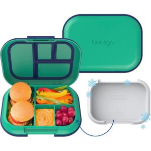 Bentgo Chill Kids Leak-Proof Lunch Box – 4-Compartment Bento Box with Built-In Ice Pack, 3.3 Cup Capacity, PFAS & BPA-Free, Microwave & Dishwasher Safe, Ideal Size for Ages 3 to 7 (Aqua)(Green/Navy)