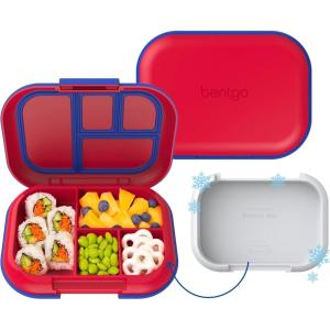 Bentgo Chill Kids Leak-Proof Lunch Box – 4-Compartment Bento Box with Built-In Ice Pack, 3.3 Cup Capacity, PFAS & BPA-Free, Microwave & Dishwasher Safe, Ideal Size for Ages 3 to 7 (Aqua)(Red/Royal)