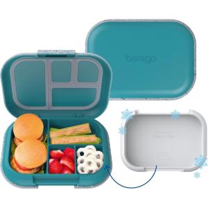 Bentgo Chill Kids Leak-Proof Lunch Box – 4-Compartment Bento Box with Built-In Ice Pack, 3.3 Cup Capacity, PFAS & BPA-Free, Microwave & Dishwasher Safe, Ideal Size for Ages 3 to 7 (Aqua)(Confetti Edition – Truly Teal)
