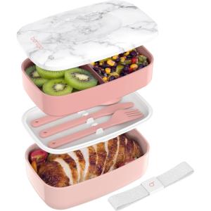 Bentgo Classic – Adult Bento Box, Stackable 3-Compartment Lunch Box with Removable Utensil Set and Sealing Strap, BPA-Free, Food Container Ideal for Meal Prep, Work, and On the Go (Blush Marble)(Blush Marble)