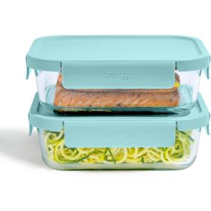 Bentgo Glass Leak-Proof Food Storage Set – 14-Piece Glass Containers with BPA-Free Airtight Lids, Reusable & Durable for Leftovers & Meal Prep – Microwave, Freezer, Oven & Dishwasher Safe (Soft Aqua)(4-Piece Set (Soft Aqua))