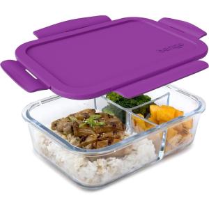 Bentgo Glass Lunch Box – Leak-Proof Bento-Style Food Container with Airtight Lid and Divided 3-Compartment Design – 5 Cup Capacity for Meal Prepping, and Portion-Controlled Meals for Adults (Purple)(Purple)