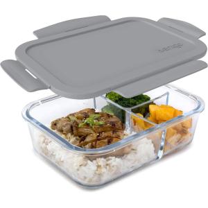 Bentgo Glass Lunch Box – Leak-Proof Bento-Style Food Container with Airtight Lid and Divided 3-Compartment Design – 5 Cup Capacity for Meal Prepping, and Portion-Controlled Meals for Adults (Purple)(Gray)