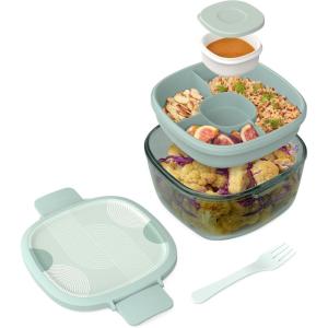 Bentgo Glass Salad Container – 7.6-Cup Salad Bowl with Airtight Lid, Leak-Proof Sauce Container, 4-Compartment Bento Tray & Reusable Fork – BPA-Free for Meal Prep, Office & More (Coastal Seaglass)(Mod Curve – Serene Green)