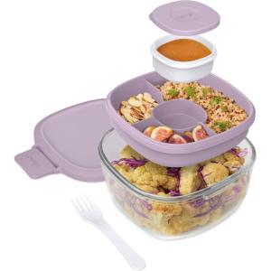 Bentgo Glass Salad Container – 7.6-Cup Salad Bowl with Airtight Lid, Leak-Proof Sauce Container, 4-Compartment Bento Tray & Reusable Fork – BPA-Free for Meal Prep, Office & More (Coastal Seaglass)(Lavender)