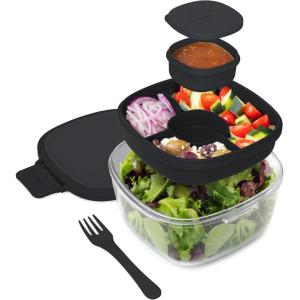 Bentgo Glass Salad Container – 7.6-Cup Salad Bowl with Airtight Lid, Leak-Proof Sauce Container, 4-Compartment Bento Tray & Reusable Fork – BPA-Free for Meal Prep, Office & More (Coastal Seaglass)(Black Onyx)