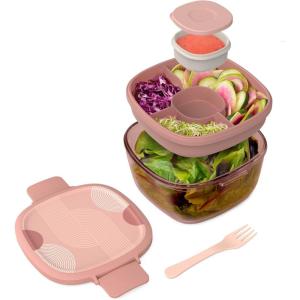 Bentgo Glass Salad Container – 7.6-Cup Salad Bowl with Airtight Lid, Leak-Proof Sauce Container, 4-Compartment Bento Tray & Reusable Fork – BPA-Free for Meal Prep, Office & More (Coastal Seaglass)(Mod Curve – Desert Rose)