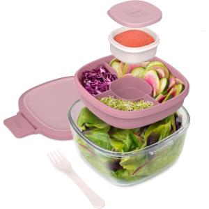 Bentgo Glass Salad Container – 7.6-Cup Salad Bowl with Airtight Lid, Leak-Proof Sauce Container, 4-Compartment Bento Tray & Reusable Fork – BPA-Free for Meal Prep, Office & More (Coastal Seaglass)(Rose)