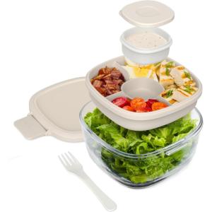 Bentgo Glass Salad Container – 7.6-Cup Salad Bowl with Airtight Lid, Leak-Proof Sauce Container, 4-Compartment Bento Tray & Reusable Fork – BPA-Free for Meal Prep, Office & More (Coastal Seaglass)(White Stone Tan)