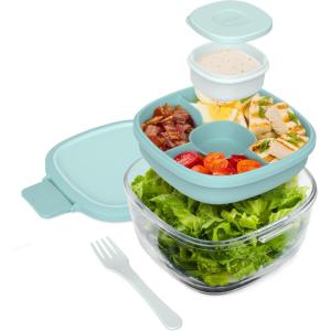Bentgo Glass Salad Container – 7.6-Cup Salad Bowl with Airtight Lid, Leak-Proof Sauce Container, 4-Compartment Bento Tray & Reusable Fork – BPA-Free for Meal Prep, Office & More (Coastal Seaglass)(Coastal Seaglass)