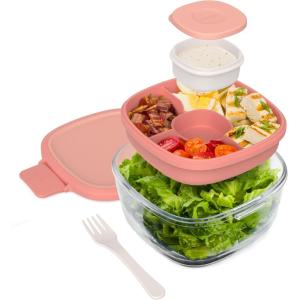 Bentgo Glass Salad Container – 7.6-Cup Salad Bowl with Airtight Lid, Leak-Proof Sauce Container, 4-Compartment Bento Tray & Reusable Fork – BPA-Free for Meal Prep, Office & More (Coastal Seaglass)(Coral)