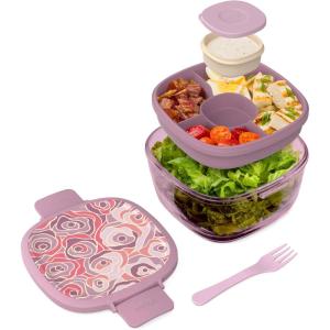 Bentgo Glass Salad Container – 7.6-Cup Salad Bowl with Airtight Lid, Leak-Proof Sauce Container, 4-Compartment Bento Tray & Reusable Fork – BPA-Free for Meal Prep, Office & More (Coastal Seaglass)(Floral Maximalist – Bouquet)