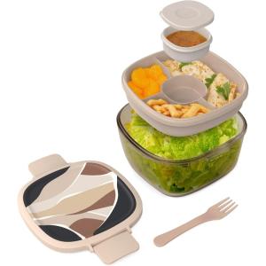 Bentgo Glass Salad Container – 7.6-Cup Salad Bowl with Airtight Lid, Leak-Proof Sauce Container, 4-Compartment Bento Tray & Reusable Fork – BPA-Free for Meal Prep, Office & More (Coastal Seaglass)(Inky Abstract – Neutrals)