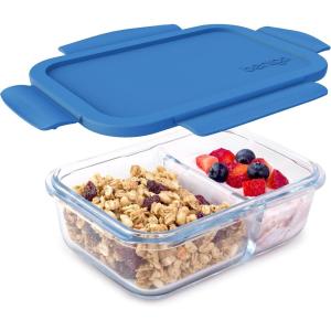 Bentgo® Glass Snack – Leak-Proof Bento-Style Snack Container with Airtight Lid and Divided 2-Compartment Design – 1.75 Cup Capacity for Meal Prepping, and Portion-Controlled Snacking (Green)(Blue)