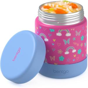 Bentgo Kids Stainless Steel Food Jar – 11oz Leak-Proof Double Insulated Hot or Cold Food Container with Removable Silicone Bumper, Dishwasher Safe, Easy Open Lid, Ages 3+ (Puppy Love)(Rainbows and Butterflies)