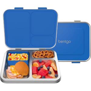 Bentgo Kids Stainless Steel Leak-Resistant Lunch Box – 3-Compartments with Bonus Silicone Container, Durable, Eco-Friendly, Dishwasher Safe, BPA-Free, Ideal for School, Ages 3+ (Silver)(Blue)