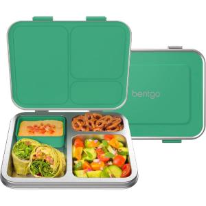 Bentgo Kids Stainless Steel Leak-Resistant Lunch Box – 3-Compartments with Bonus Silicone Container, Durable, Eco-Friendly, Dishwasher Safe, BPA-Free, Ideal for School, Ages 3+ (Silver)(Green)