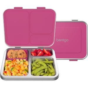 Bentgo Kids Stainless Steel Leak-Resistant Lunch Box – 3-Compartments with Bonus Silicone Container, Durable, Eco-Friendly, Dishwasher Safe, BPA-Free, Ideal for School, Ages 3+ (Silver)(Fuchsia)