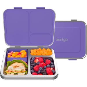 Bentgo Kids Stainless Steel Leak-Resistant Lunch Box – 3-Compartments with Bonus Silicone Container, Durable, Eco-Friendly, Dishwasher Safe, BPA-Free, Ideal for School, Ages 3+ (Silver)(Purple)