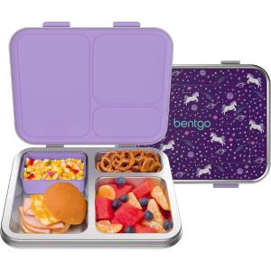 Bentgo Kids Stainless Steel Prints Leak-Resistant Lunch Box – 3-Compartments with Bonus Silicone Container, Durable, Eco-Friendly, Dishwasher Safe, BPA-Free, Ideal for School, Ages 3+ (Unicorn)(Unicorn)
