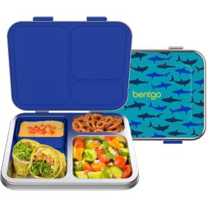 Bentgo Kids Stainless Steel Prints Leak-Resistant Lunch Box – 3-Compartments with Bonus Silicone Container, Durable, Eco-Friendly, Dishwasher Safe, BPA-Free, Ideal for School, Ages 3+ (Unicorn)(Shark)