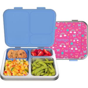 Bentgo Kids Stainless Steel Prints Leak-Resistant Lunch Box – 3-Compartments with Bonus Silicone Container, Durable, Eco-Friendly, Dishwasher Safe, BPA-Free, Ideal for School, Ages 3+ (Unicorn)(Rainbows and Butterflies)