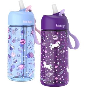 Bentgo Kids Water Bottle – Leak-Proof, Durable Tritan, BPA-Free 15 oz. Cup for Kids/Toddlers Ages 3+, Bite & Sip Spout, Carrying Handle, & Dishwasher Safe for School, Sports, Daycare & Camp (Trucks)(Unicorn & Lavender Galaxy)