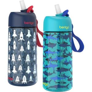 Bentgo Kids Water Bottle – Leak-Proof, Durable Tritan, BPA-Free 15 oz. Cup for Kids/Toddlers Ages 3+, Bite & Sip Spout, Carrying Handle, & Dishwasher Safe for School, Sports, Daycare & Camp (Trucks)(Rocket & Shark)