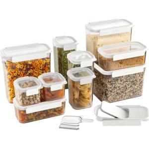 Bentgo Pantry – 22-Piece Airtight Food Storage Containers, Clear and Stackable Kitchen and Pantry Organization Set, Locking Lids for Freshness, Bonus Cereal Lid & Scoop, BPA-Free Plastic (White Stone)(Snow)