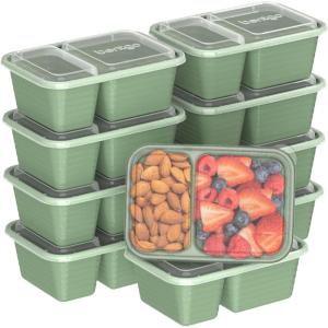 Bentgo Prep – 2-Compartment Snack Containers with Lids – Reusable, Microwaveable, Durable PFAS & BPA-Free, Freezer and Dishwasher-Safe Meal Prep Food Storage – 10 Trays & 10 Lids (Sky)(Basil Glitter)
