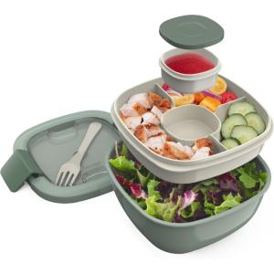 Bentgo Salad Container – 54 oz Bowl with 4-Compartment Toppings Tray, Leak-Proof Dressing Container, Reusable Fork, BPA-Free Lunch Box for Meal Prep & Food Storage; Removable Bento Tray (Gray)(Khaki Green)