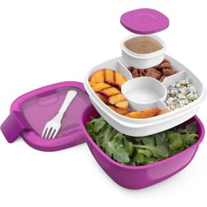 Bentgo Salad Container – 54 oz Bowl with 4-Compartment Toppings Tray, Leak-Proof Dressing Container, Reusable Fork, BPA-Free Lunch Box for Meal Prep & Food Storage; Removable Bento Tray (Gray)(Purple)
