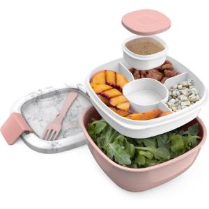 Bentgo Salad Container – 54 oz Bowl with 4-Compartment Toppings Tray, Leak-Proof Dressing Container, Reusable Fork, BPA-Free Lunch Box for Meal Prep & Food Storage; Removable Bento Tray (Gray)(Blush Marble)