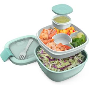 Bentgo Salad Container – 54 oz Bowl with 4-Compartment Toppings Tray, Leak-Proof Dressing Container, Reusable Fork, BPA-Free Lunch Box for Meal Prep & Food Storage; Removable Bento Tray (Gray)(Coastal Aqua)