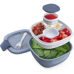 Bentgo Salad Container – 54 oz Bowl with 4-Compartment Toppings Tray, Leak-Proof Dressing Container, Reusable Fork, BPA-Free Lunch Box for Meal Prep & Food Storage; Removable Bento Tray (Gray)(Slate)