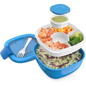 Bentgo Salad Container – 54 oz Bowl with 4-Compartment Toppings Tray, Leak-Proof Dressing Container, Reusable Fork, BPA-Free Lunch Box for Meal Prep & Food Storage; Removable Bento Tray (Gray)(Blue)
