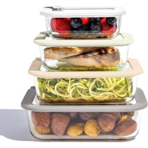 Bentgo Signature Leak-Proof Glass Food Storage – 8-Piece Set, 1-Compartment Plastic-Free Containers with Airtight Glass Lids, BPA-Free, Microwave, Freezer, Oven & Dishwasher Safe (White Stone)