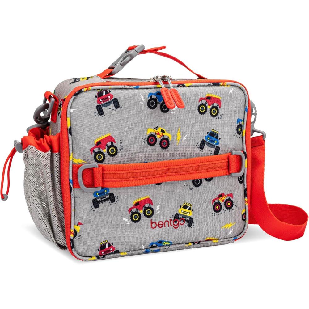 imageBentgo Kids Lunch Bag DoubleInsulated Reusable Lunch Bag for Kids 3 with Adjustable Strap Holds Lunch BoxWater BottleSnacks EasyClean WaterResistant amp Pockets Confetti Abyss BlueTrucks