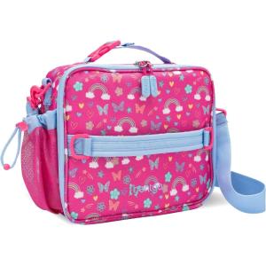 Bentgo Kids Lunch Bag – Double-Insulated, Reusable Lunch Bag for Kids 3+ with Adjustable Strap; Holds Lunch Box/Water Bottle/Snacks; Easy-Clean, Water-Resistant & Pockets (Confetti – Abyss Blue)(Rainbows & Butterflies)