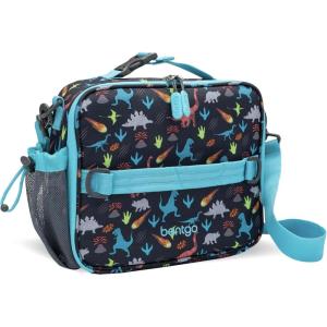 Bentgo Kids Lunch Bag – Double-Insulated, Reusable Lunch Bag for Kids 3+ with Adjustable Strap; Holds Lunch Box/Water Bottle/Snacks; Easy-Clean, Water-Resistant & Pockets (Confetti – Abyss Blue)(Dinosaur)