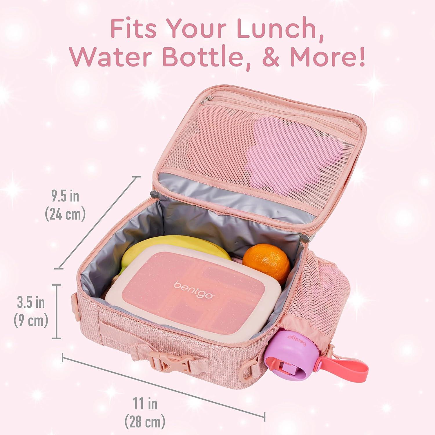 imageBentgo Kids 5Compartment Lunch Box Set With Insulated Lunch Bag and Lightweight 14 Kids Backpack Glitter Edition Petal Pink