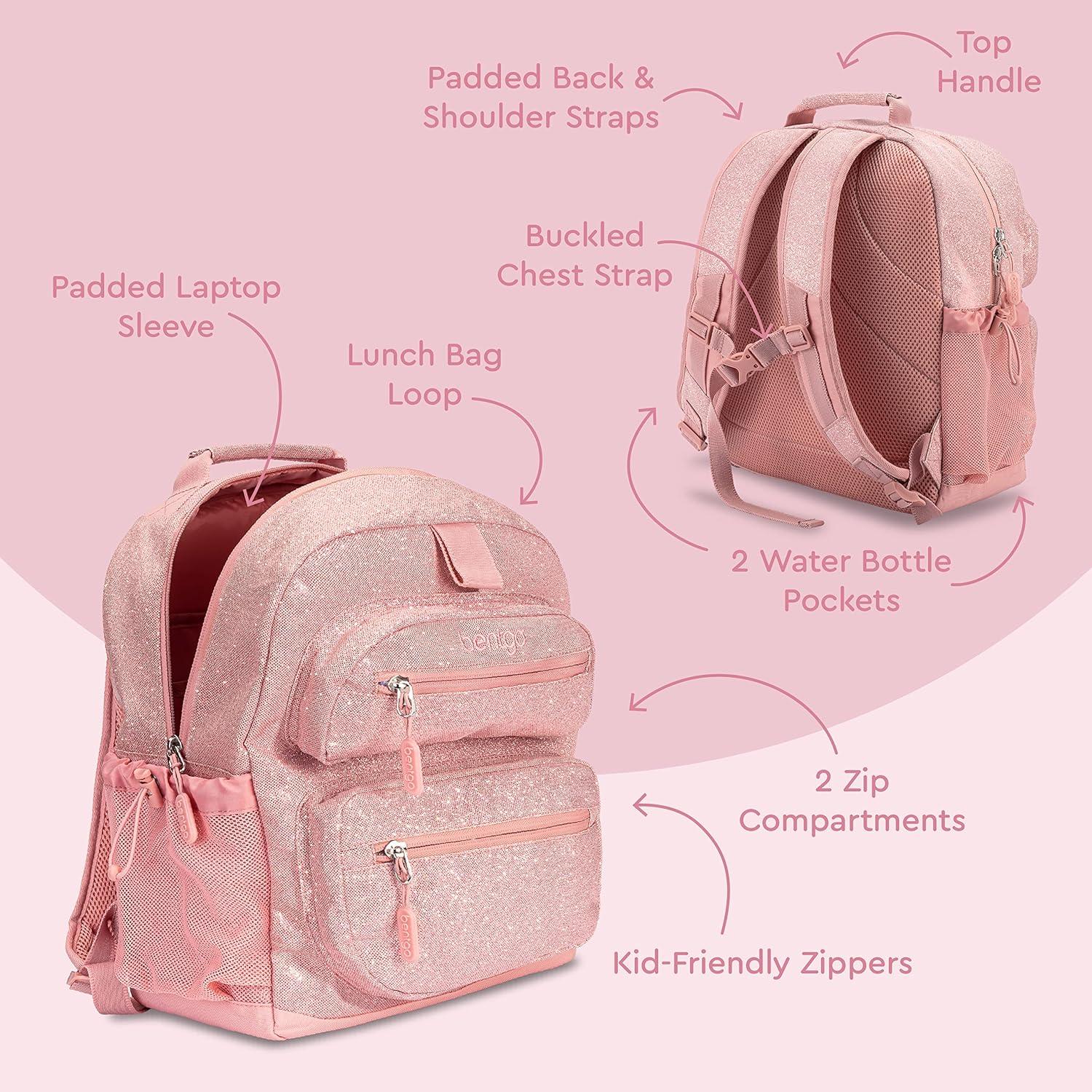 imageBentgo Kids 5Compartment Lunch Box Set With Lightweight 14 Kids Backpack Glitter Edition Petal Pink