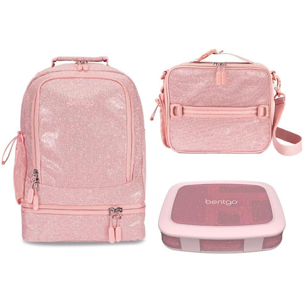 imageBentgo Kids 5Compartment Lunch Box Set With Insulated Lunch Bag and 2in1 Backpack amp Insulated Lunch Bag Glitter Edition Petal Pink
