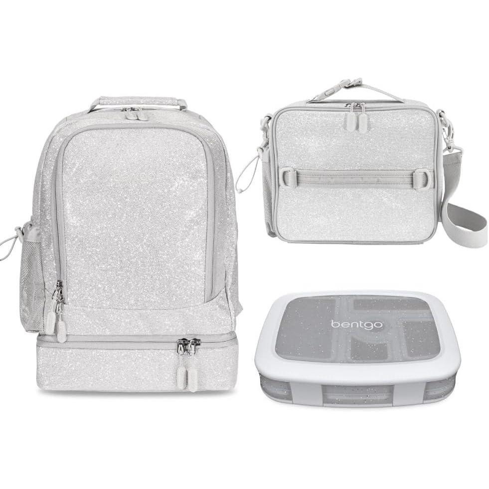 imageBentgo Kids 5Compartment Lunch Box Set With Insulated Lunch Bag and 2in1 Backpack amp Insulated Lunch Bag Glitter Edition Silver