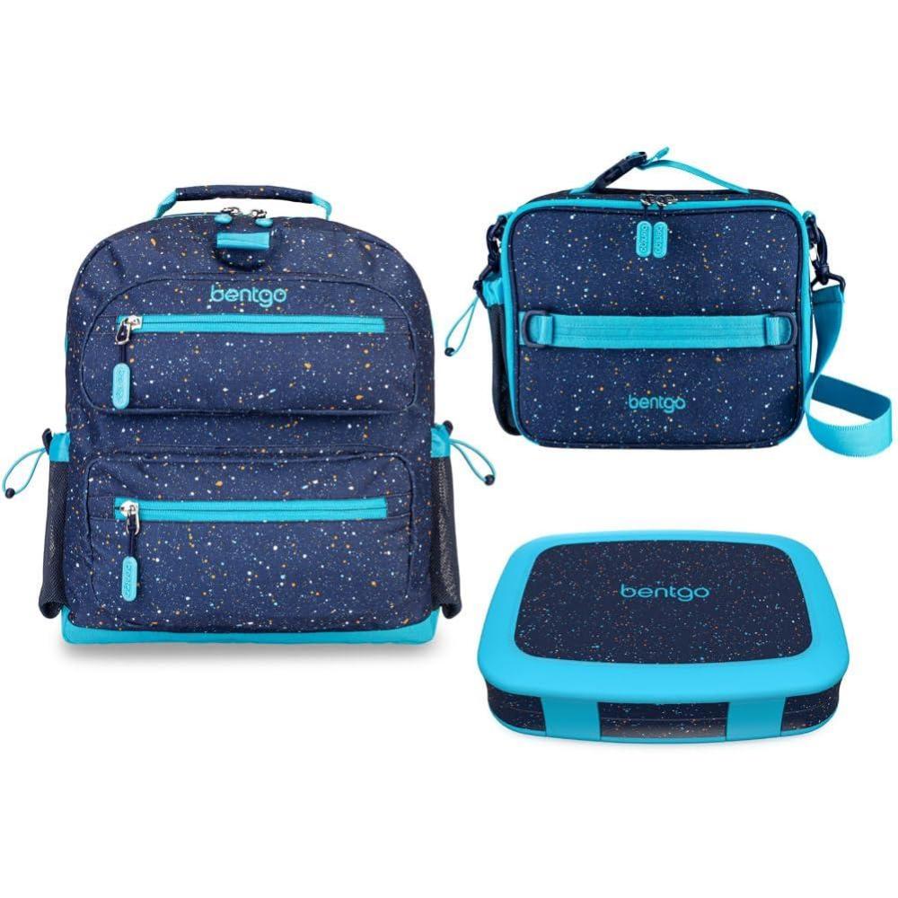 imageBentgo Kids 5Compartment Lunch Box Set With Insulated Lunch Bag and Lightweight 14 Kids Backpack Confetti Edition Abyss Blue