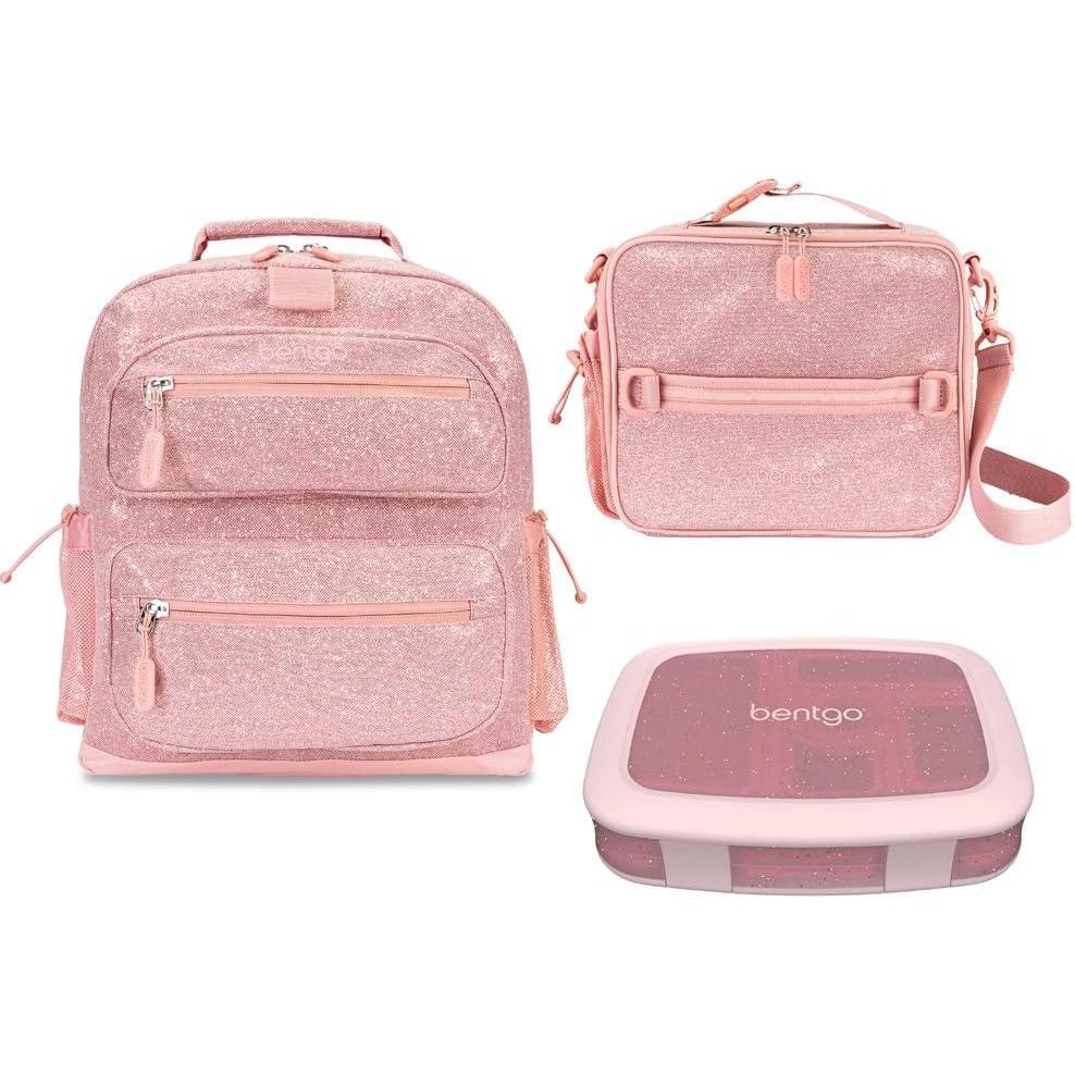 imageBentgo Kids 5Compartment Lunch Box Set With Insulated Lunch Bag and Lightweight 14 Kids Backpack Glitter Edition Petal Pink