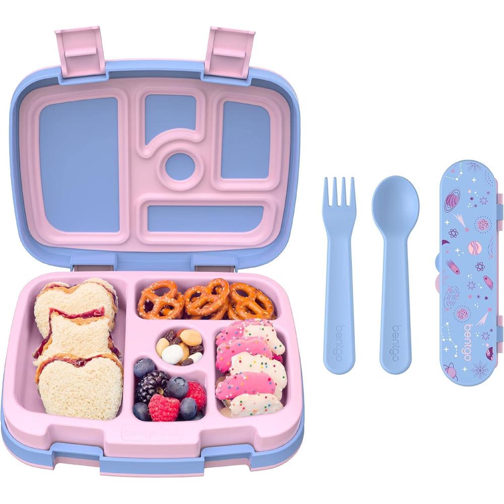 imageBentgo Kids Prints 5Compartment BentoStyle Kids Lunch Box Set with Reusable Plastic Utensils Lavender Galaxy