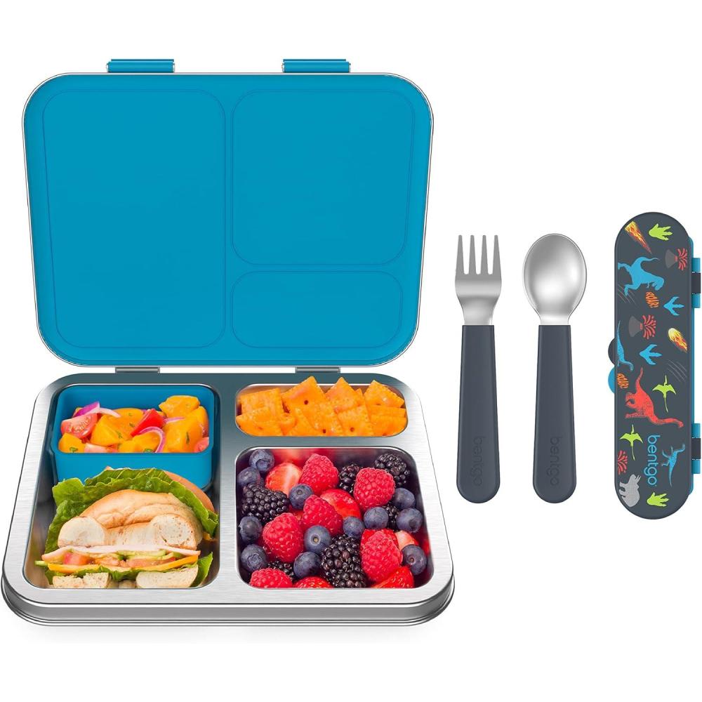 imageBentgo Kids Stainless Steel Prints Lunch Box Set With Reusable Stainless Steel Utensils Dinosaur