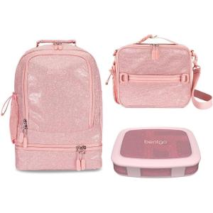 Bentgo® Kids 5-Compartment Lunch Box Set With Insulated Lunch Bag and 2-in-1 Backpack & Insulated Lunch Bag (Glitter Edition – Petal Pink)