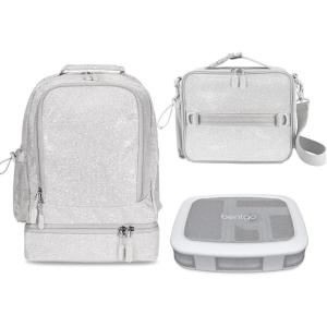 Bentgo® Kids 5-Compartment Lunch Box Set With Insulated Lunch Bag and 2-in-1 Backpack & Insulated Lunch Bag (Glitter Edition – Silver)
